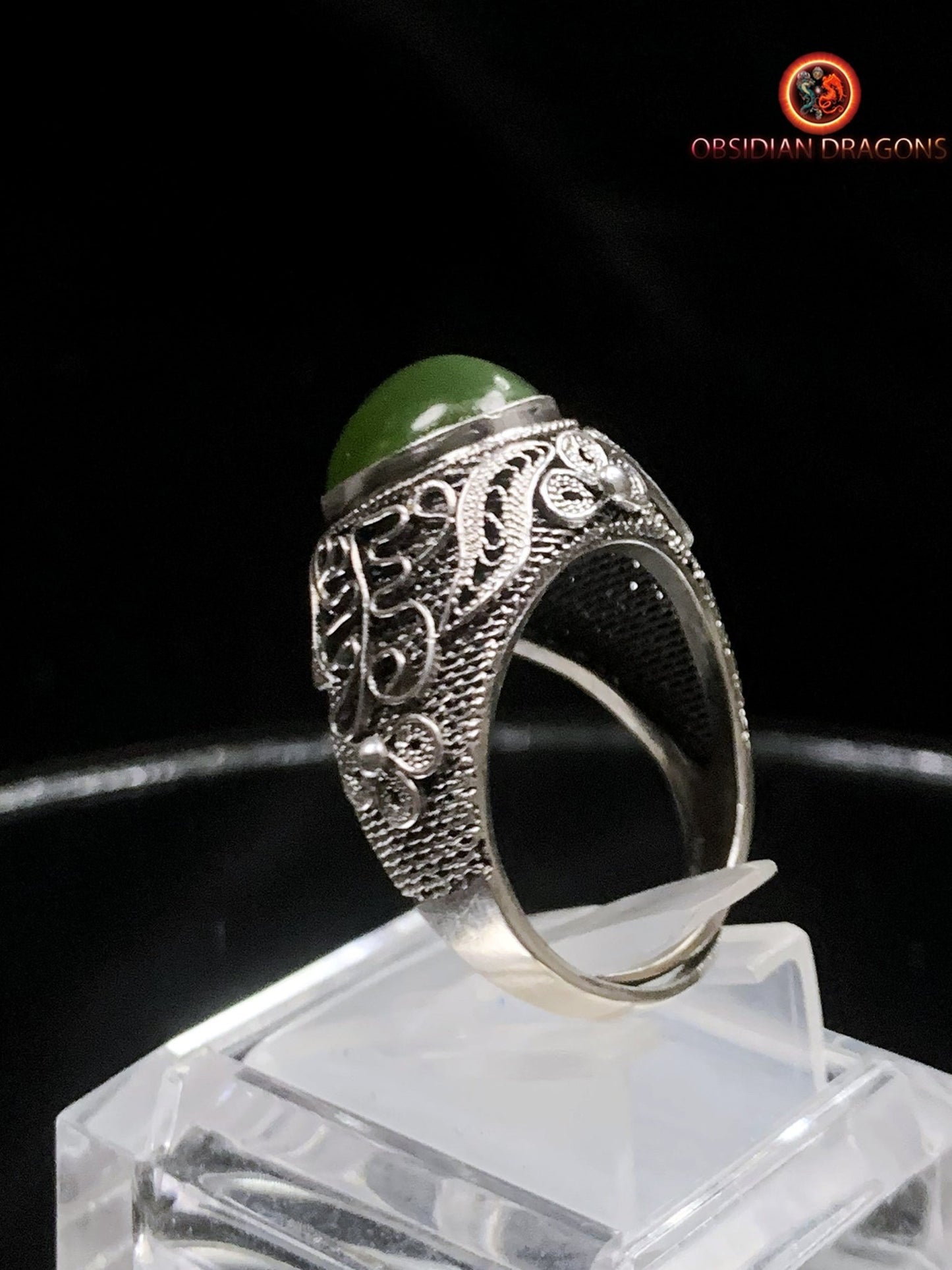 Bague en jade "oeil de chat"- Argent filigrané- Unique | obsidian dragons