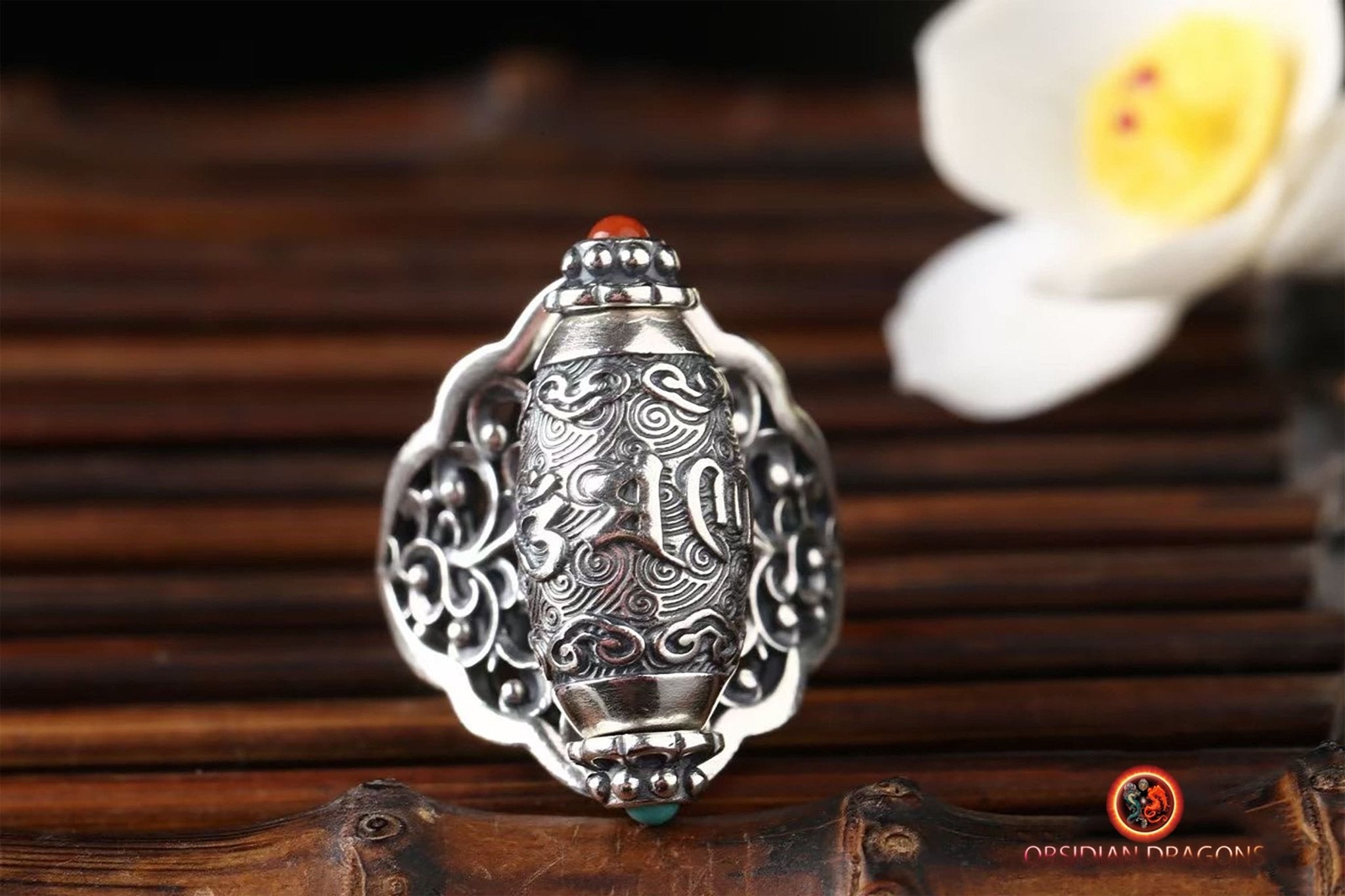 Bague mantra om mani padme hum moulin pri re obsidian dragons