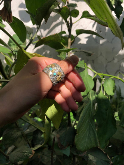 Bague Feng Shui. Protection du dragon taotie.Argent 925, cuivre. Turquoise d'Arizona, agate dite "nan hong (rouge du sud du Yunnan) - obsidian dragon