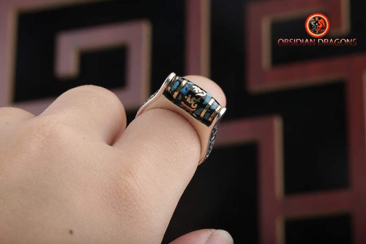 bague tibétaine. DZI, agate sacrée tibétaine mantra "Om mani padme Hum" . Argent 925, cuivre, turquoises naturelles bague réglable à toutes tailles. - obsidian dragon