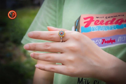 Bague bouddhiste tibétaine, fleur de lotus. Fleur tournante au centre. argent 925, cuivre turquoise ou agate nan hong. Taille réglable. - obsidian dragon