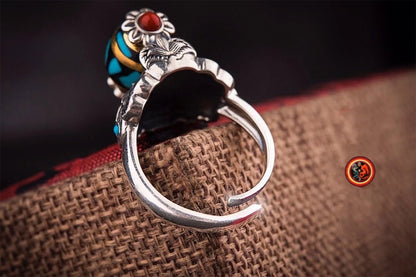 Bague bouddhiste tibétaine. DZI ou pierre celeste sacrée de protection tibétaine tournant DZI à 2 yeux, argent 925 turquoise, agate nan hong - obsidian dragon