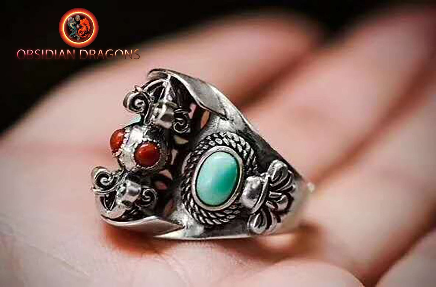 bague bouddhiste tibétaine double dorje argent 925  agate dite nan hong et turquoise d'Arizona - obsidian dragon