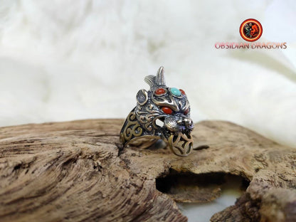 bague dragon Pixiu, protection feng- shui. Argent 925 poinçonné, cuivre, Turquoises ou agates nan hong naturelles . bague réglable à toutes tailles de doigt. - obsidian dragon