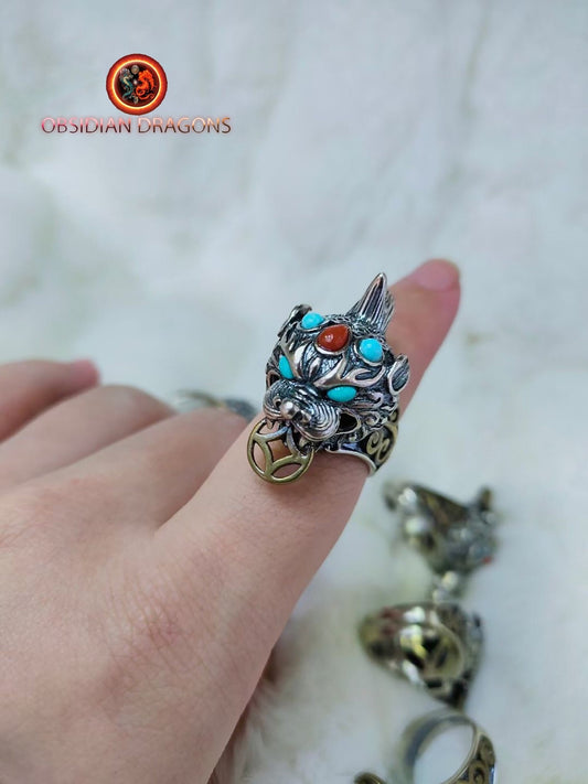 bague dragon Pixiu, protection feng- shui. Argent 925 poinçonné, cuivre, Turquoises ou agates nan hong naturelles . bague réglable à toutes tailles de doigt. - obsidian dragon