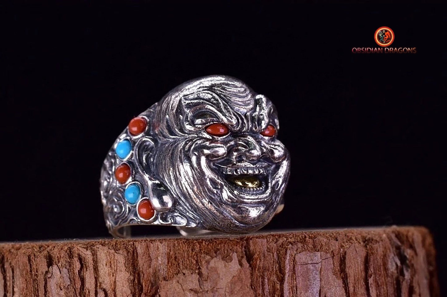 Bague bouddha Maitreya, Milofo. Argent 925, turquoise, agate "nan hong", cuivre. Bague ouverte reglable - obsidian dragon