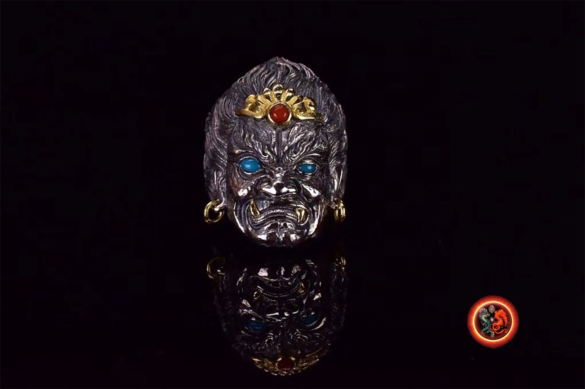 Bague Bouddha Acala. Bouddhisme vajrayana japonais, Shingon. Argent 925, cuivre, turquoises et agates nan hong. Bague ouverte reglable. - obsidian dragon