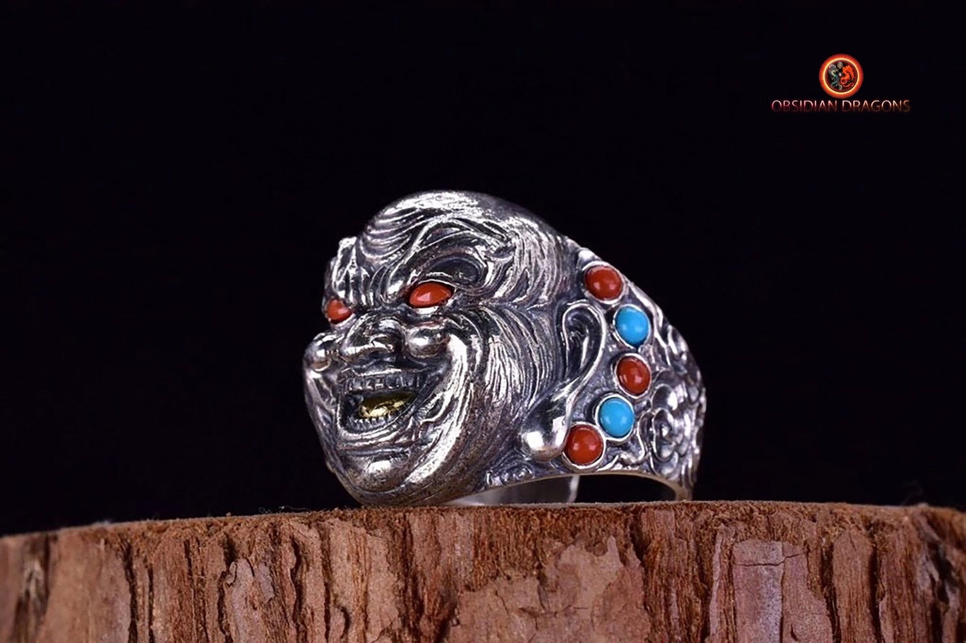 Bague bouddha Maitreya, Milofo. Argent 925, turquoise, agate "nan hong", cuivre. Bague ouverte reglable - obsidian dragon