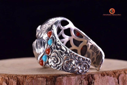 Bague bouddha Maitreya, Milofo. Argent 925, turquoise, agate "nan hong", cuivre. Bague ouverte reglable - obsidian dragon