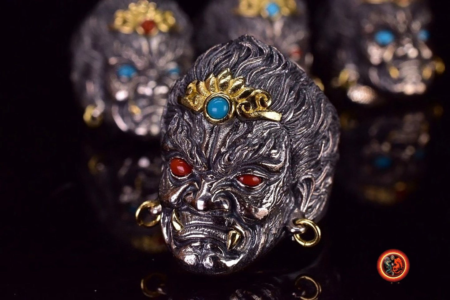 Bague Bouddha Acala. Bouddhisme vajrayana japonais, Shingon. Argent 925, cuivre, turquoises et agates nan hong. Bague ouverte reglable. - obsidian dragon