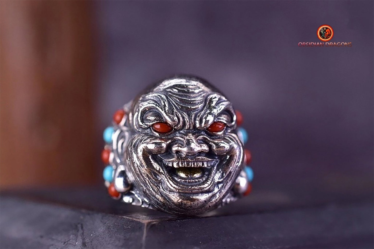 Bague bouddha Maitreya, Milofo. Argent 925, turquoise, agate "nan hong", cuivre. Bague ouverte reglable - obsidian dragon