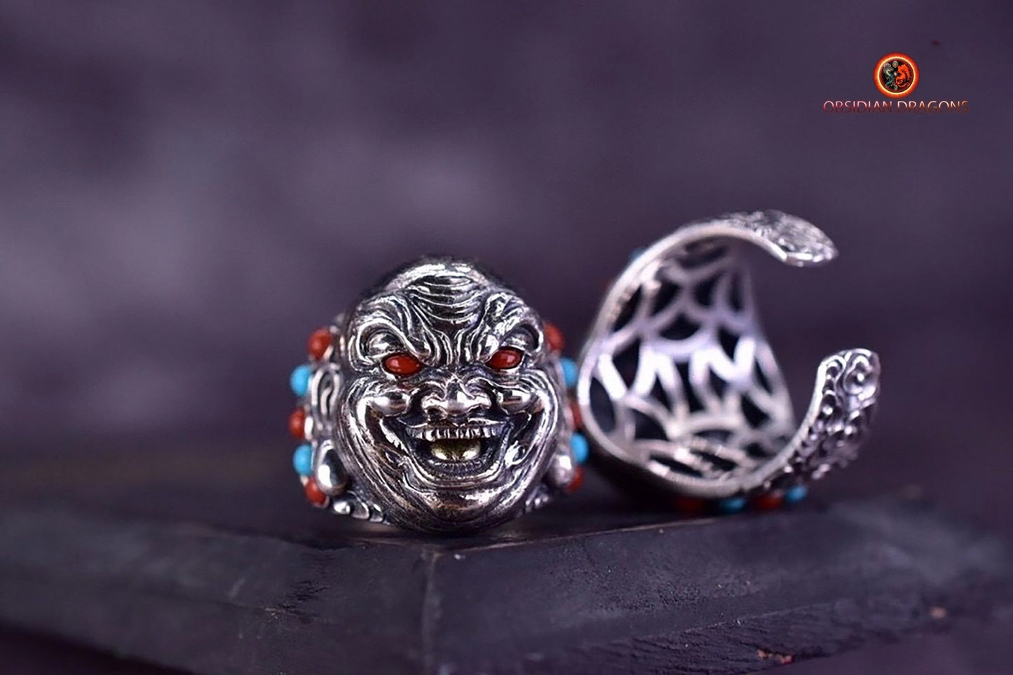 Bague bouddha Maitreya, Milofo. Argent 925, turquoise, agate "nan hong", cuivre. Bague ouverte reglable - obsidian dragon