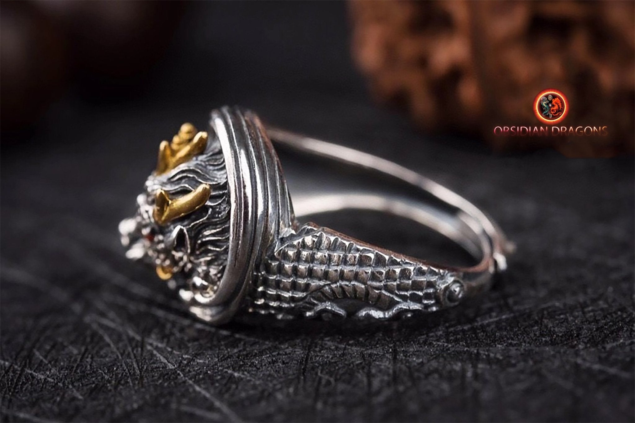 Bague Dragon Protection draconique obsidian dragons