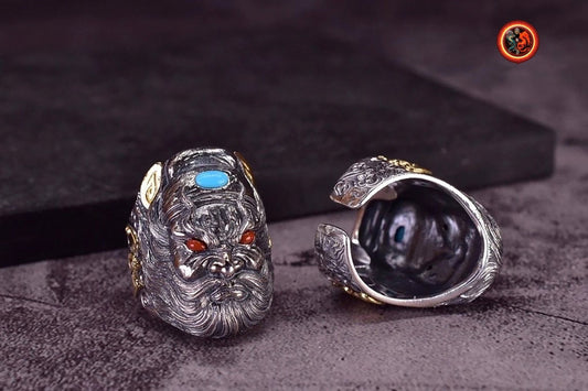 Bague, chevalière de protection Feng shui. Exorcisme taoïste. zhong kui le fantôme chasseur de fantôme. bague ouverte reglable. Argent 925, turquoise. - obsidian dragon