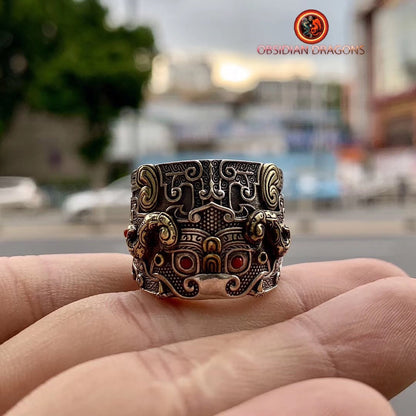 bague dragon taotie, protection feng shui . argent 925, cuivre, turquoise ou agate. - obsidian dragon