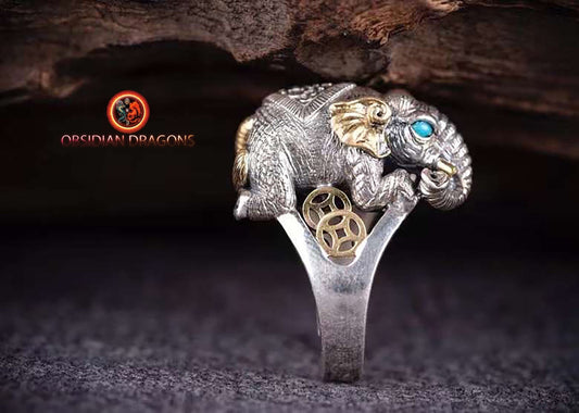 Bague Ganesh, le dieu elephant, argent 925, au choix turquoises ou agates nan hong, bague réglable à toute tailles de doigt, coulissant. - obsidian dragon