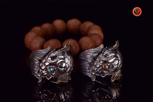 Bague poisson, carpe koi. argent 925, cuivre turquoise ou agate nan hong. Feng shui. Symbole de bravoure, persévérance, courage et d’amour - obsidian dragon