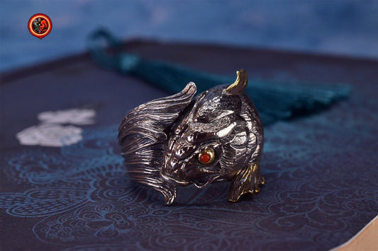 Bague poisson, carpe koi. argent 925, cuivre turquoise ou agate nan hong. Feng shui. Symbole de bravoure, persévérance, courage et d’amour - obsidian dragon