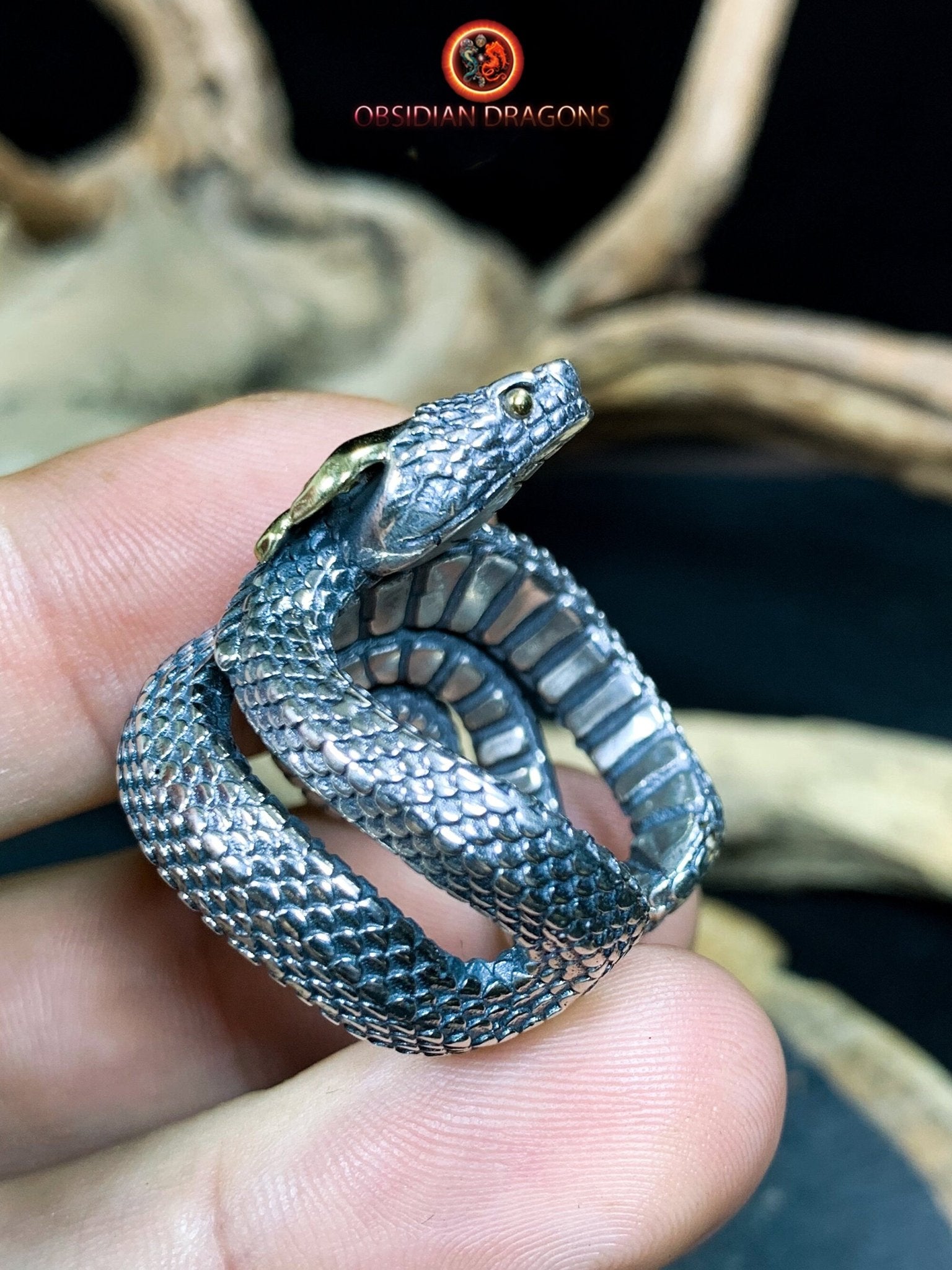 Bague serpent en argent 925 totem chamanique obsidian dragons