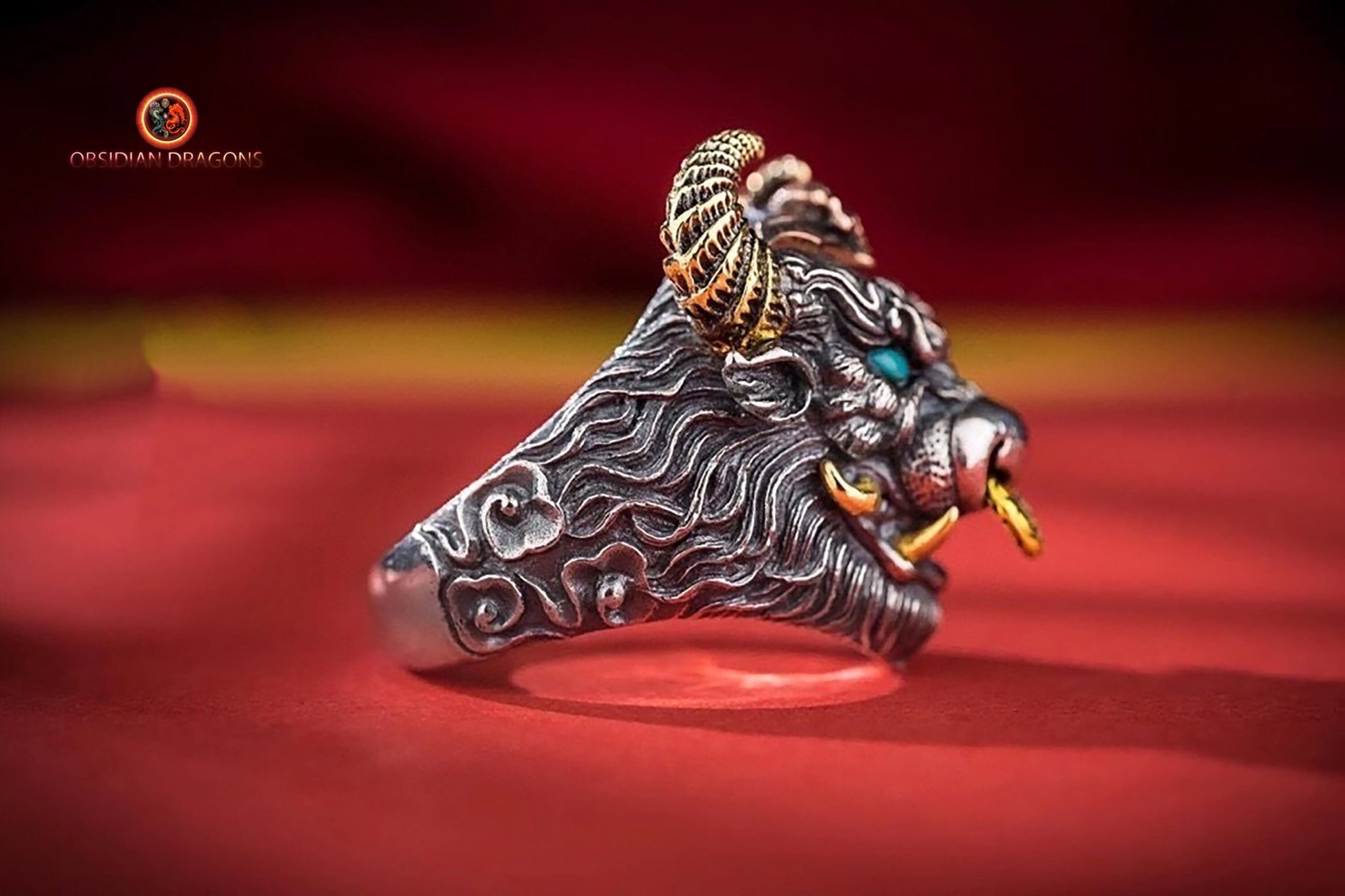 Bague, chevalière taureau, crâne, tete de mort. Argent 925, style Biker,Taille réglable. - obsidian dragon