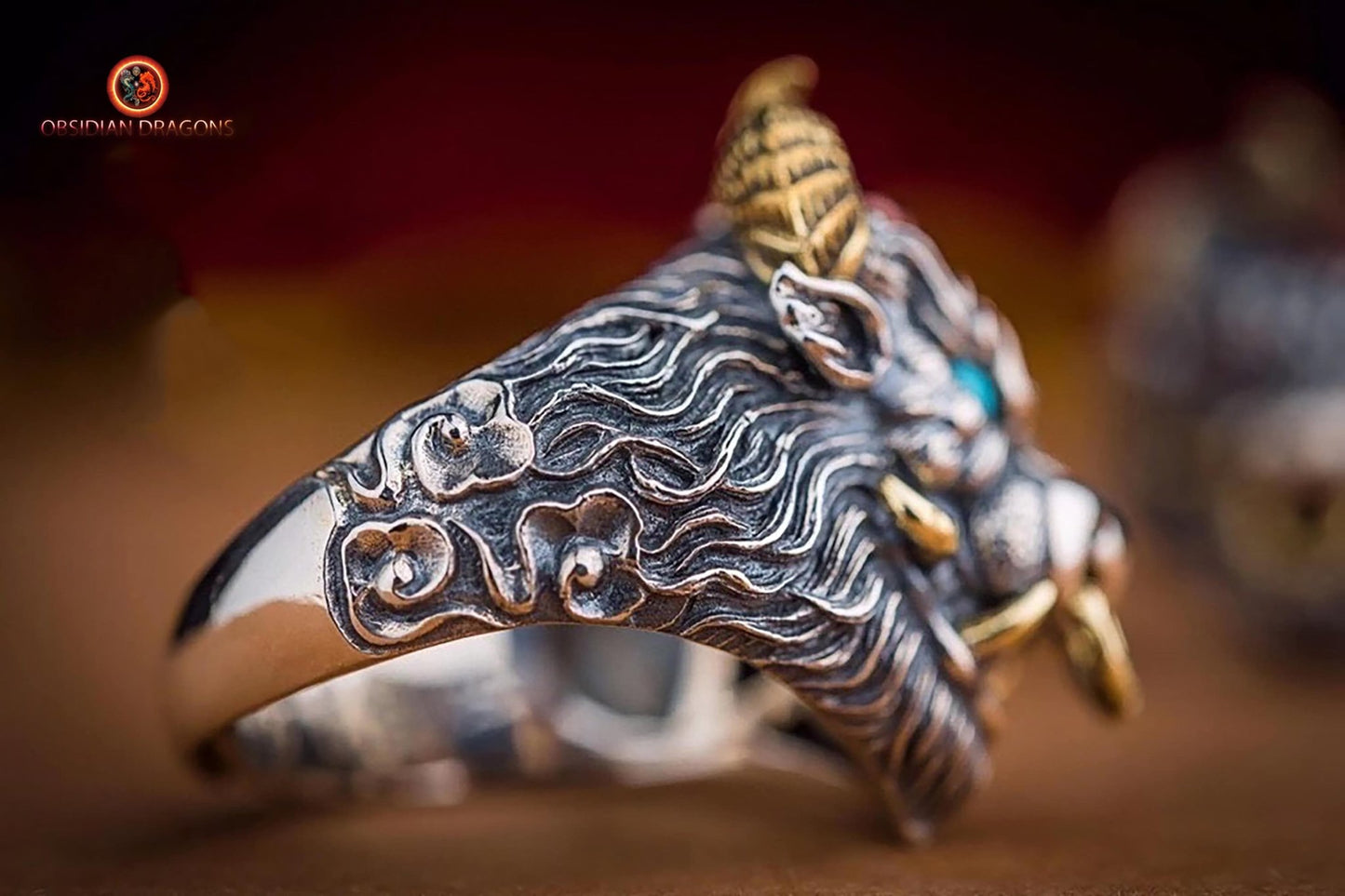 Bague, chevalière taureau, crâne, tete de mort. Argent 925, style Biker,Taille réglable. - obsidian dragon