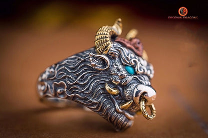 Bague, chevalière taureau, crâne, tete de mort. Argent 925, style Biker,Taille réglable. - obsidian dragon