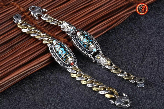 Bracelet dragon tibétain, mantra de la compassion, DZI tournant, argent 925, cuivre, Dragon Pixiu turquoise d'Arizona, agate dite nan hong (rouge du sud) - obsidian dragon