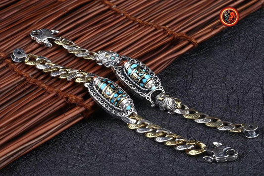 Bracelet dragon tibétain, mantra de la compassion, DZI tournant, argent 925, cuivre, Dragon Pixiu turquoise d'Arizona, agate dite nan hong (rouge du sud) - obsidian dragon