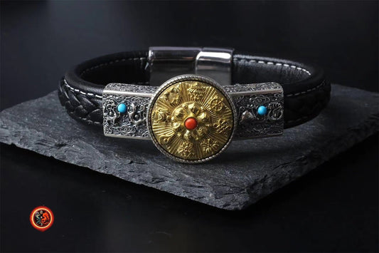 bracelet de protection bouddhiste, 8 signes auspicieux du bouddhisme. Feng shui. Argent 925,cuivre, cuir tressé, turquoise agate nan hong - obsidian dragon