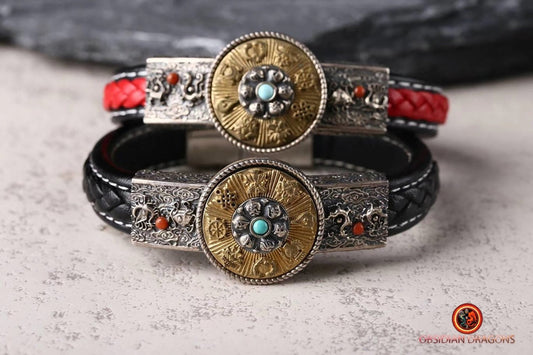 bracelet de protection bouddhiste, 8 signes auspicieux. Argent 925, cuivre, cuir tressé, turquoises - obsidian dragon