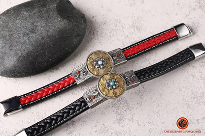 bracelet de protection bouddhiste, 8 signes auspicieux. Argent 925, cuivre, cuir tressé, turquoises - obsidian dragon