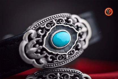 Bracelet de bénédiction double bonheur. motifs de deux chauves souris. Cuir, argent 925, Turquoise sleeping beauty. bracelet reglable. - obsidian dragon