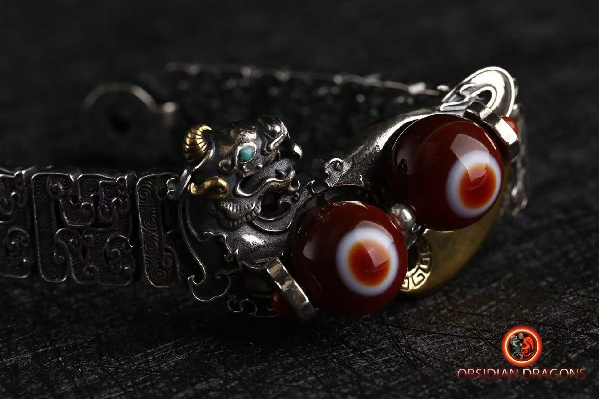 bracelet Feng Shui protection dragon Pixiu. Agate sacrée tibétaine "DZI" "lumière et espoir" à un oeil argent 925 cuivre turquoise - obsidian dragon