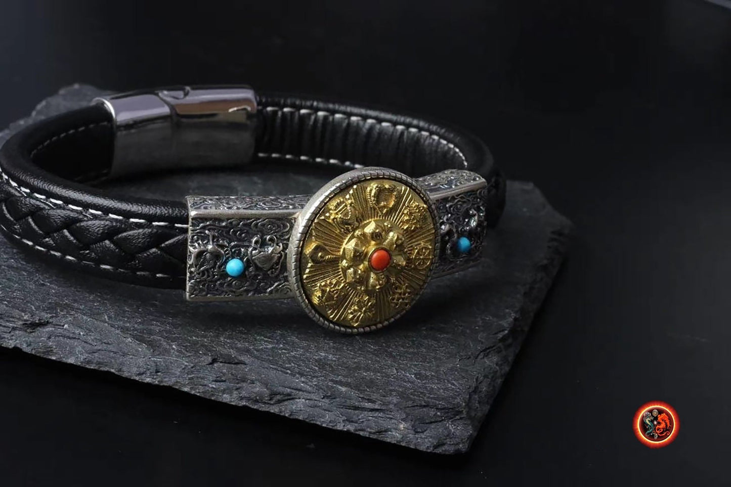 bracelet de protection bouddhiste, 8 signes auspicieux du bouddhisme. Feng shui. Argent 925,cuivre, cuir tressé, turquoise agate nan hong - obsidian dragon