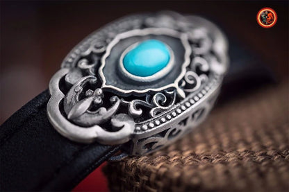 Bracelet de bénédiction double bonheur. motifs de deux chauves souris. Cuir, argent 925, Turquoise sleeping beauty. bracelet reglable. - obsidian dragon