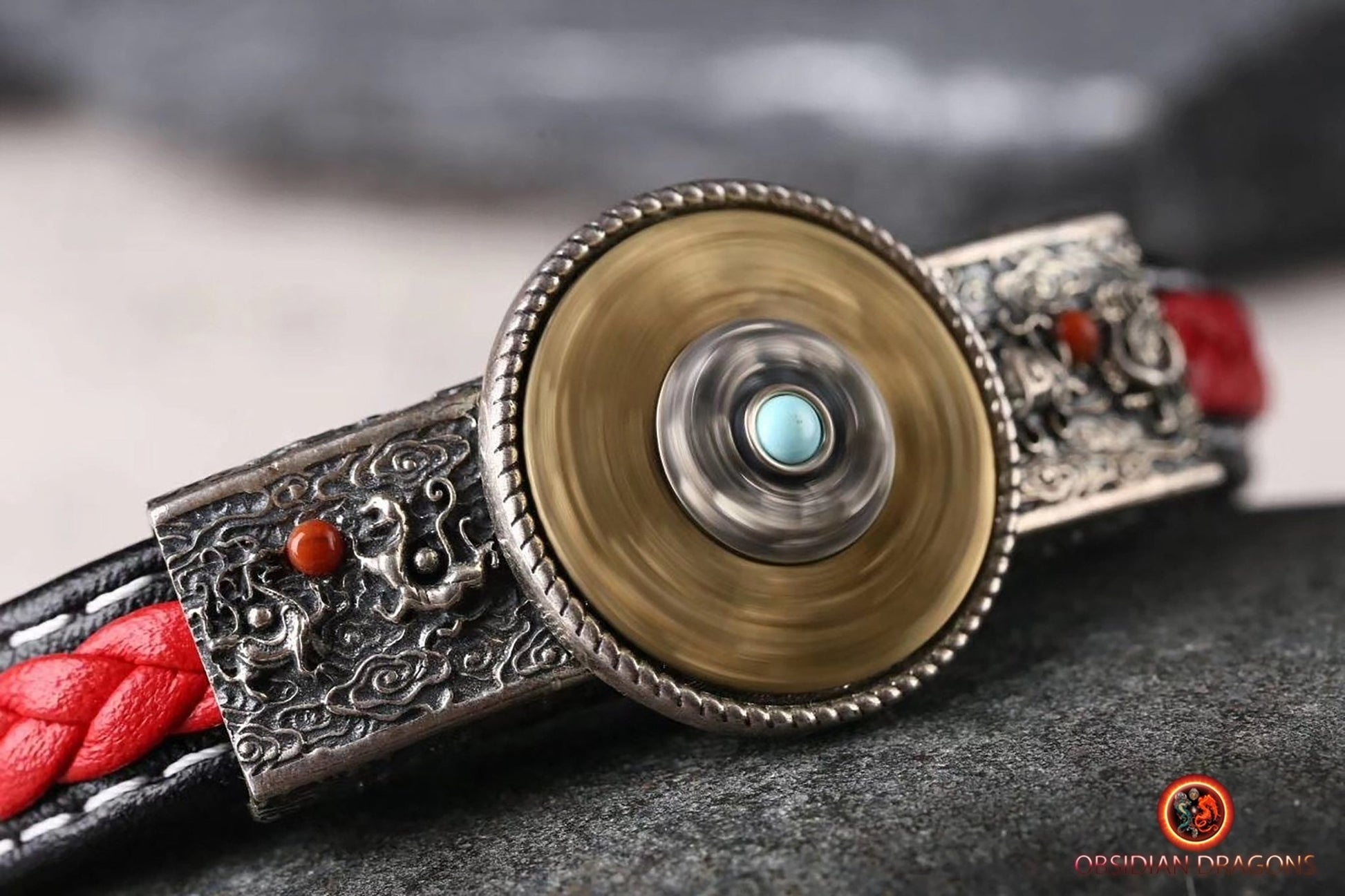 bracelet de protection bouddhiste, 8 signes auspicieux. Argent 925, cuivre, cuir tressé, turquoises - obsidian dragon