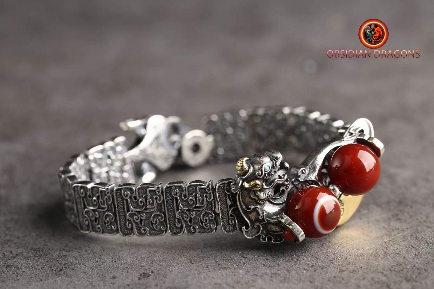 bracelet Feng Shui protection dragon Pixiu. Agate sacrée tibétaine "DZI" "lumière et espoir" à un oeil argent 925 cuivre turquoise - obsidian dragon