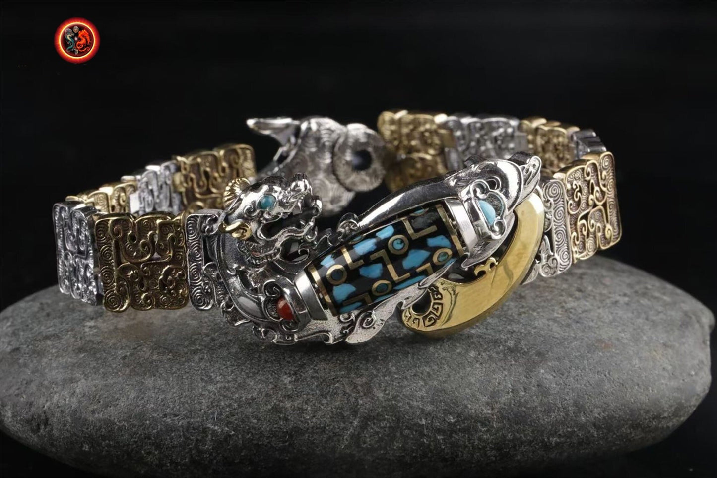 bracelet dragon, de protection  Feng Shui. Pixiu agate sacrée tibétaine "DZI" argent 925 cuivre turquoise - obsidian dragon