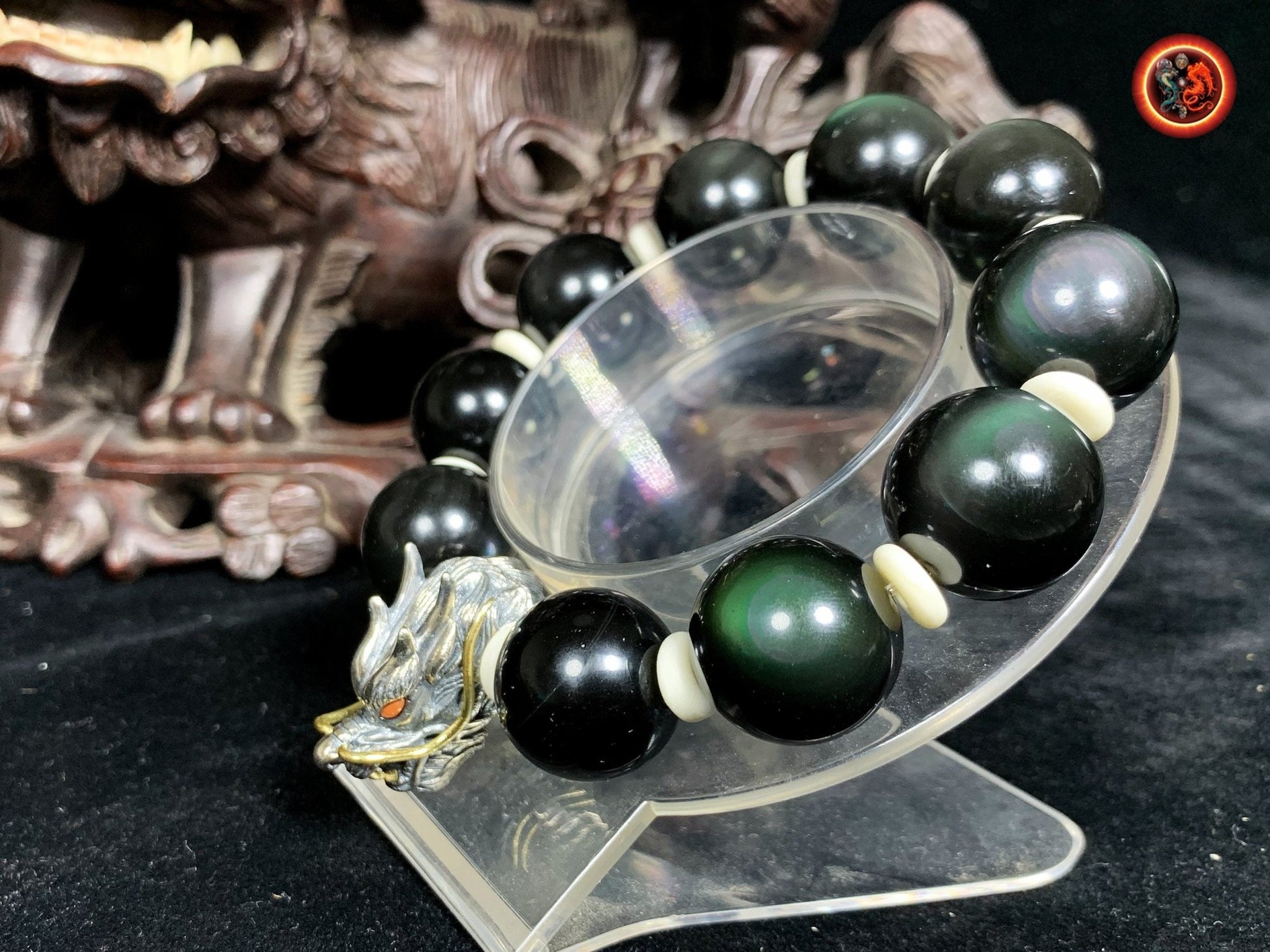 Bracelet dragon- perles d'obsidiennes oeil celeste