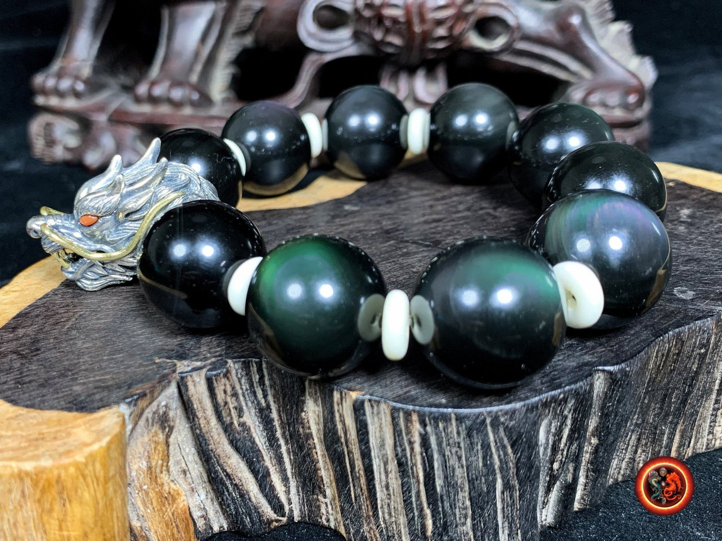 Bracelet dragon- perles d'obsidiennes oeil celeste
