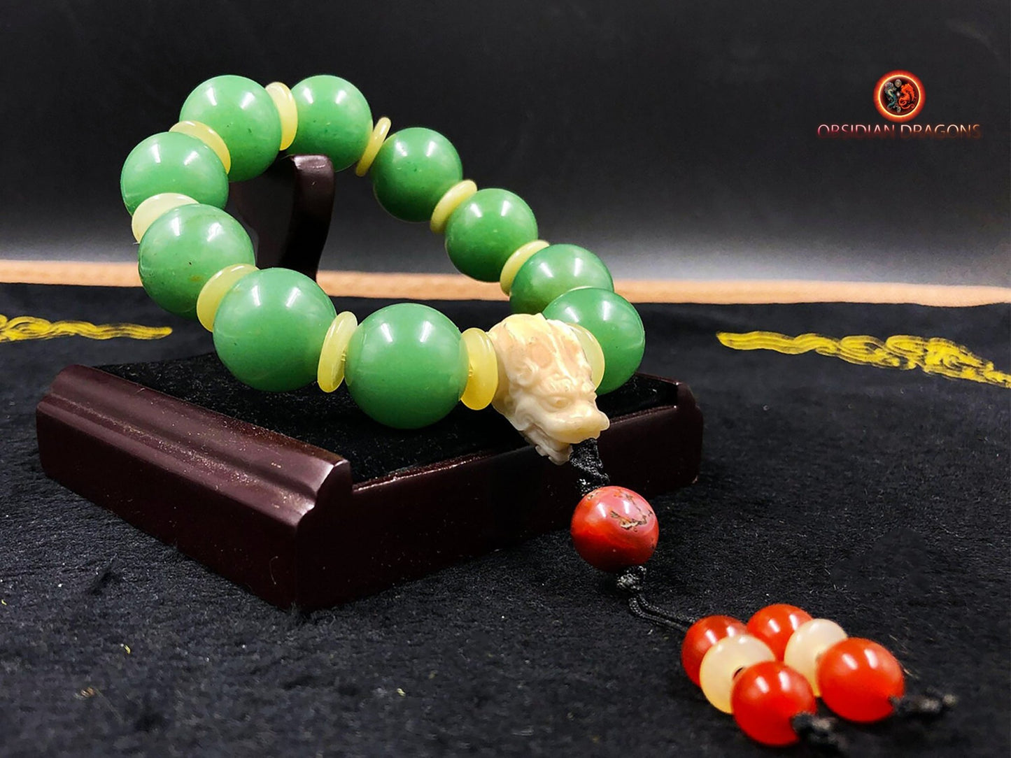 bracelet dragon, protection feng shui Aventurine, os de buffle agate, agate - obsidian dragon