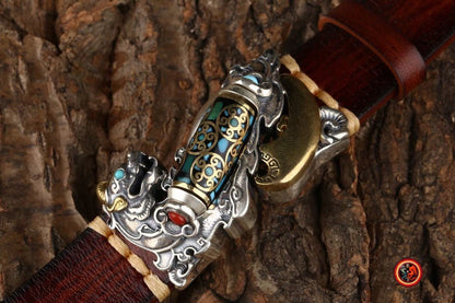 bracelet dragon, protection Feng Shui , Pixiu agate sacrée tibétaine "DZI" cuir argent 925 cuivre turquoise - obsidian dragon