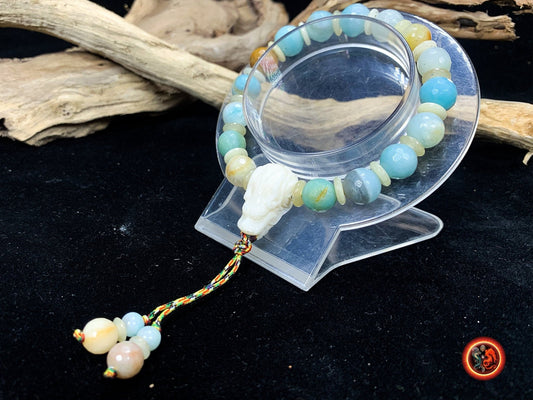 bracelet dragon Amazonite arc en ciel, os de buffle. Monté sur cordon traditionnel pour mala. Noeud coulissant adaptable à toutes tailles - obsidian dragon