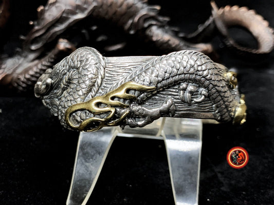 bracelet dragon. Jonc argent 925 et bronze. Artisanal. Argent Poinçonné. Dragon chinois, asiatique. travail fin et délicat, pièce rare. - obsidian dragon
