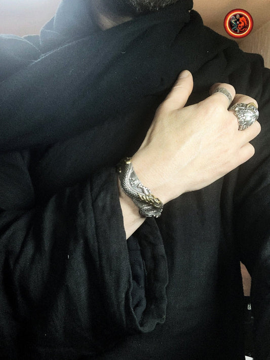 bracelet dragon. Jonc argent 925 et bronze. Artisanal. Argent Poinçonné. Dragon chinois, asiatique. travail fin et délicat, pièce rare. - obsidian dragon