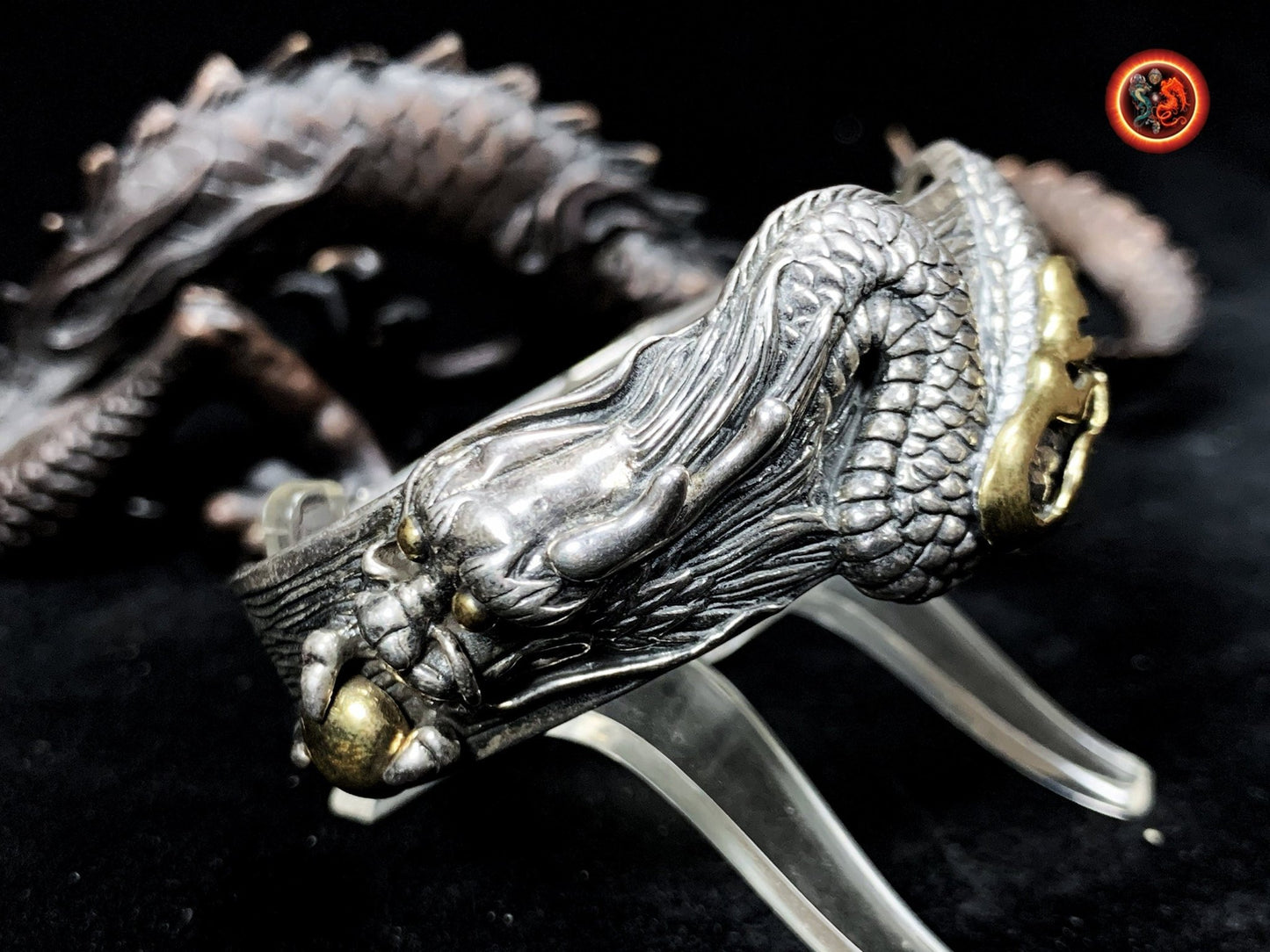 bracelet dragon. Jonc argent 925 et bronze. Artisanal. Argent Poinçonné. Dragon chinois, asiatique. travail fin et délicat, pièce rare. - obsidian dragon