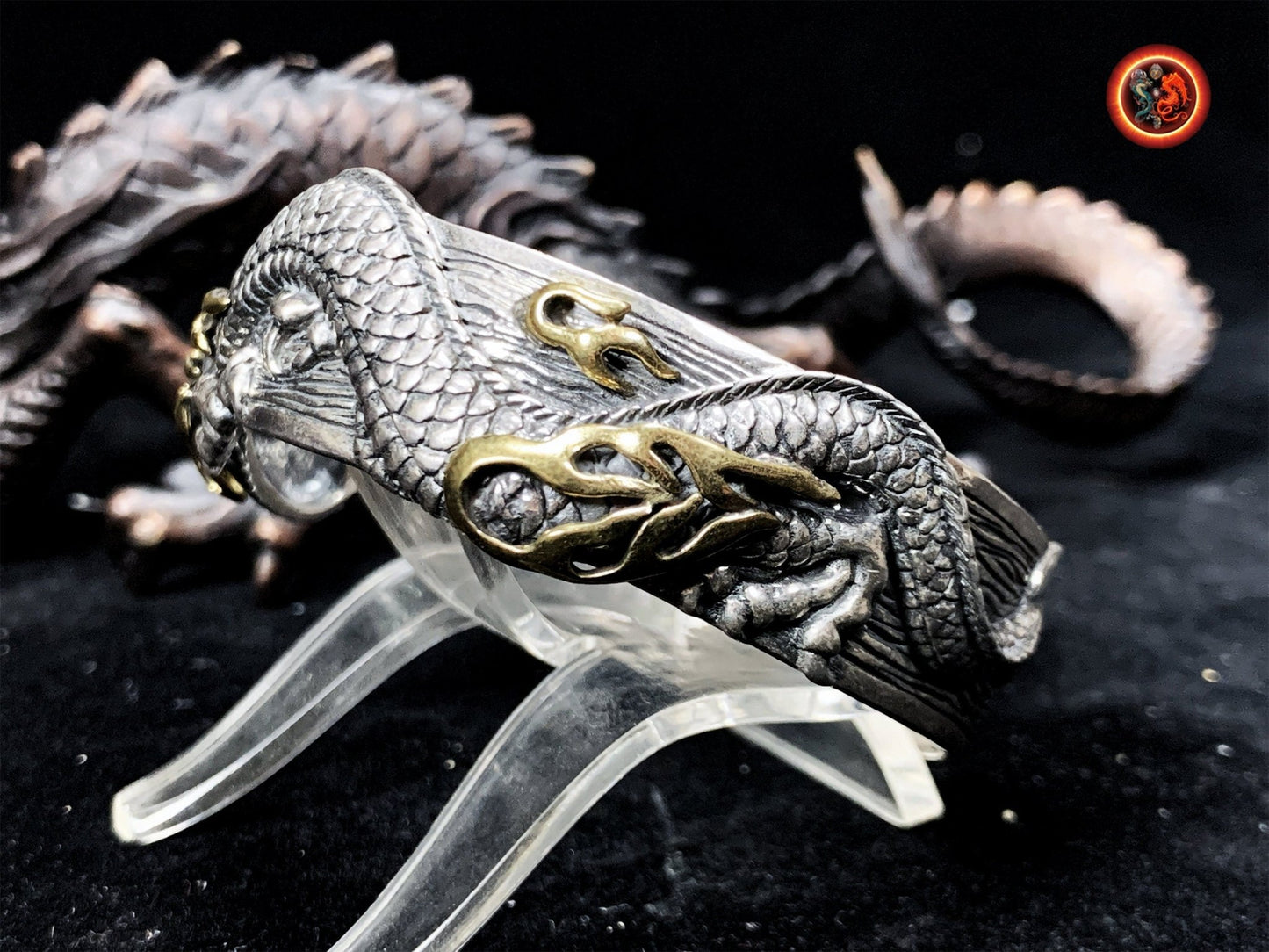 bracelet dragon. Jonc argent 925 et bronze. Artisanal. Argent Poinçonné. Dragon chinois, asiatique. travail fin et délicat, pièce rare. - obsidian dragon