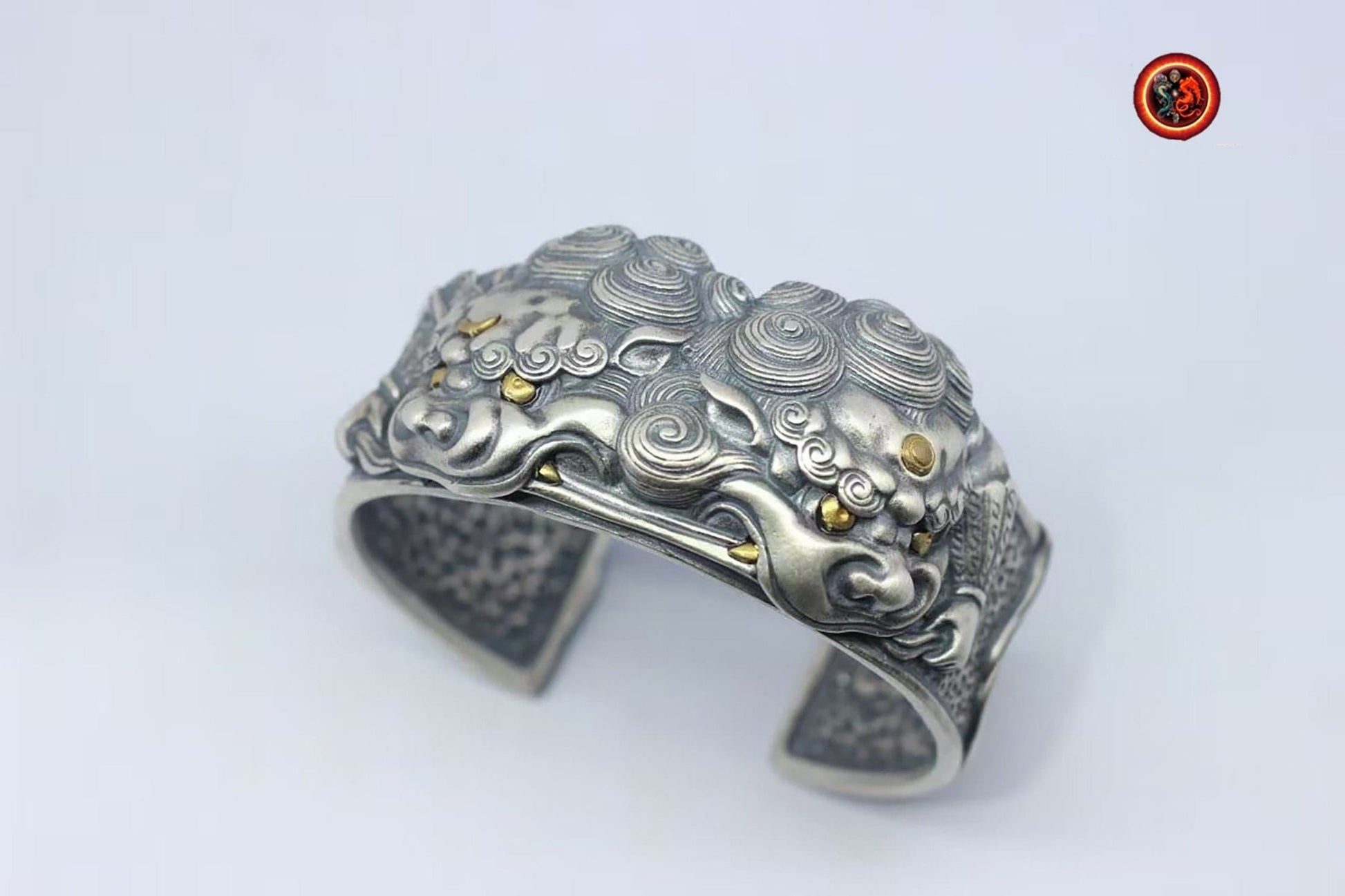 bracelet manchette jonc argent 950 lions gardiens Tang Shi ,protection feng shui jonc réalisé artisanalement - obsidian dragon