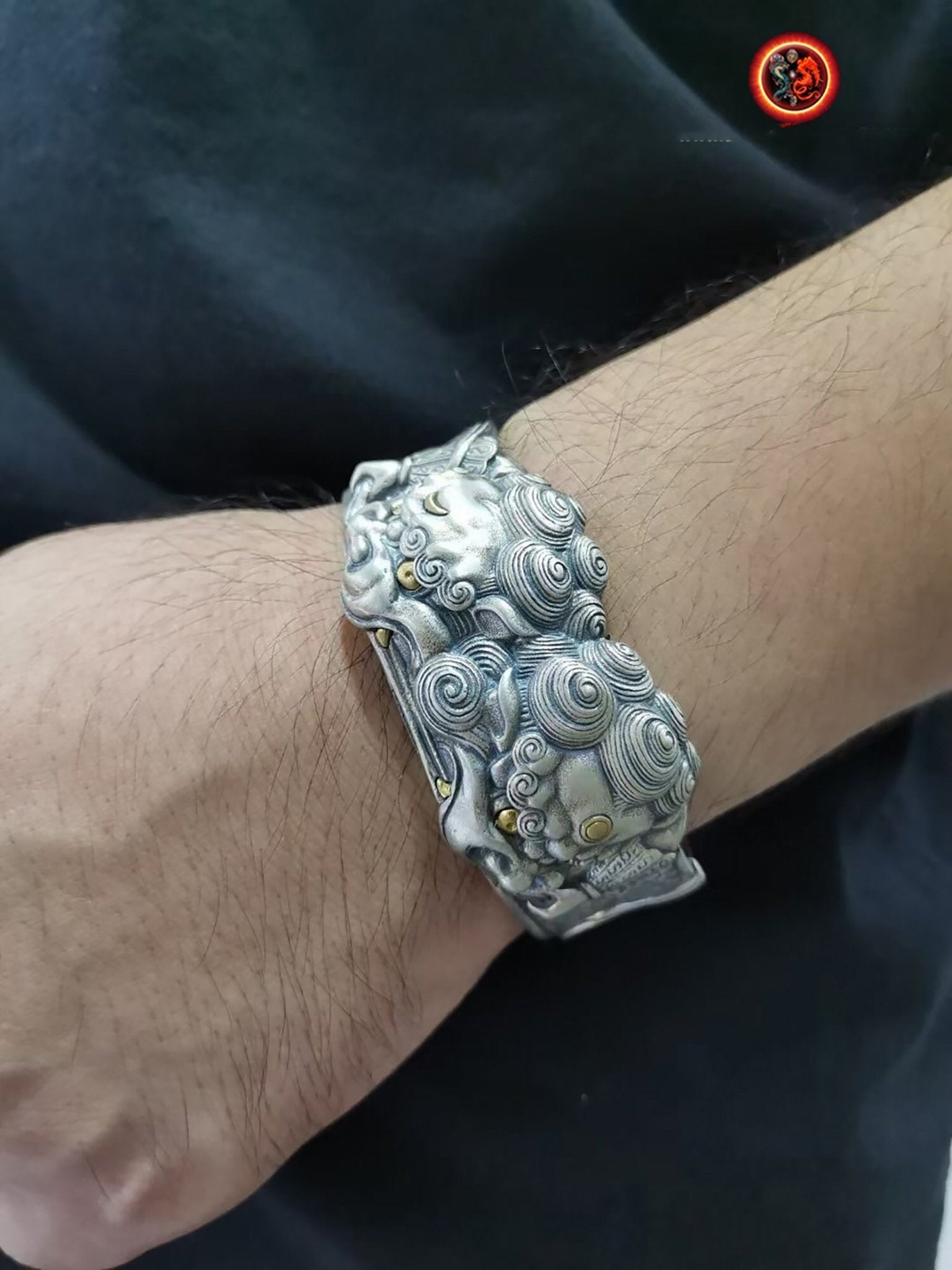 bracelet manchette jonc argent 950 lions gardiens Tang Shi ,protection feng shui jonc réalisé artisanalement - obsidian dragon