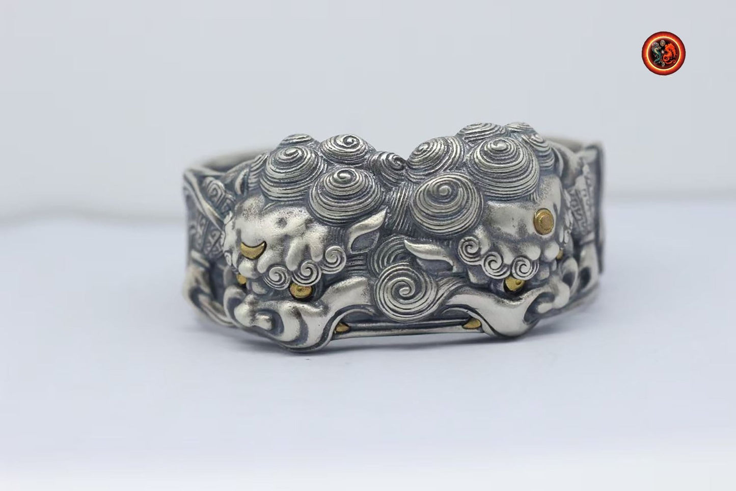 bracelet manchette jonc argent 950 lions gardiens Tang Shi ,protection feng shui jonc réalisé artisanalement - obsidian dragon